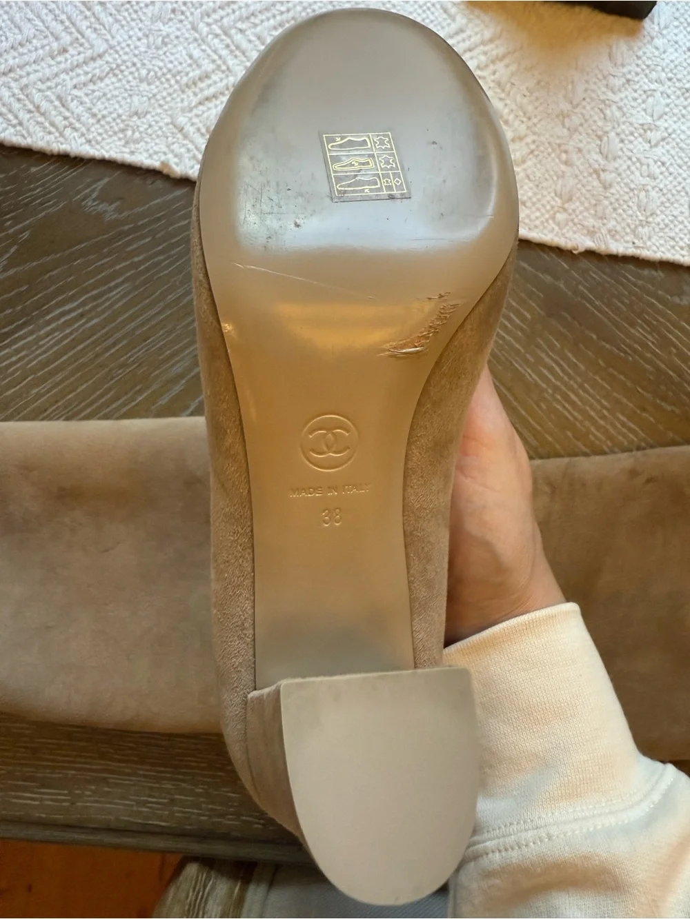 CHANEL Taupe Sued Boots with Black Cap Toe